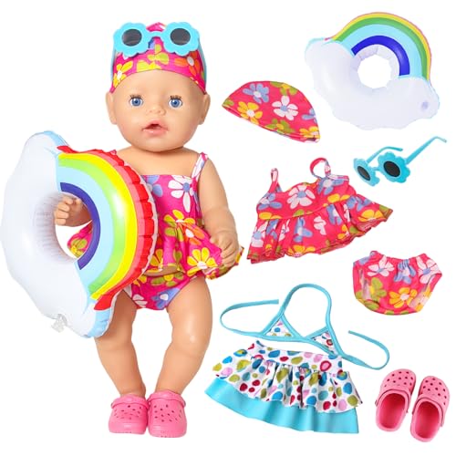 2 Stück Schwimmende Babypuppenkleidung 35,6–40,6 cm Puppenkleidung, Baby-Badeanzug + Kopfbedeckung + Regenbogen-Schwimmring + blaue Sonnenbrille + rosa Hausschuhe, 6 süße Puppen-Schwimmsets für 2 Stück Schwimmende Babypuppenkleidung 35,6–40,6 cm Puppenkleidung, Baby-Badeanzug + Kopfbedeckung + Regenbogen-Schwimmring + blaue Sonnenbrille + rosa Hausschuhe, 6 süße Puppen-Schwimmsets für von Xerteam