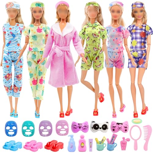 Puppenkleidung und Zubehör, 28-teilig, 5 Schlafanzüge, Bademantel, 7 Masken, 3 Hausschuhe, 13 Badezimmer-Accessoires, Schlafkleidung und Zubehör-Set, kompatibel mit Barbie-Puppe, 29,2 cm von Xerteam