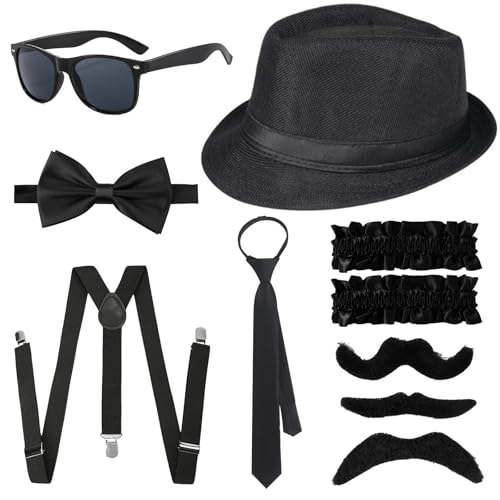 Xerteam 20er Jahre Accessoires Herren, 20er jahre Kostüm Herren mit Klassischer Zubehör Hut Fliege Krawatte Hosenträger Sonnenbrille Bärte Armband Strumpfband, Mafia Kostüm für Karneval Halloween von Xerteam