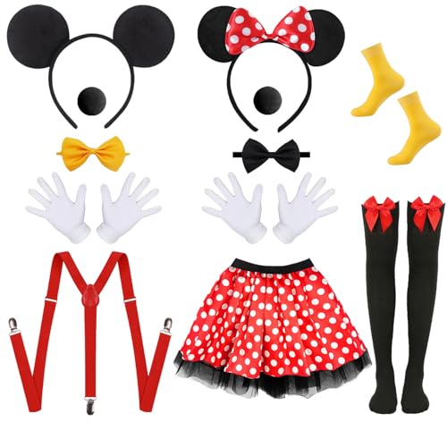 Xerteam 12-teiliges Maus Mouse Kostüm Set, Damen Herren Karnevalskostüm Maus-Kostüm mit Maus-Ohren Stirnbändern, Fliegen, Nasen, Handschuhen, Hosenträgern, Tutu-Rock, Socken, Karneval Cosplay Kostüm von Xerteam