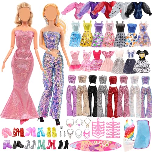 Xerteam 35 Stück Puppenkleid und Zubehör, für 11,5 Zoll/30 cm große Puppen, 3 Badeanzüge 7 Kleider 1 Hosenanzug mit Pailletten 6 Schmuckstücke 7 High Heels 1 Surfbrett 10 Kleiderbügel zufälliger Stil von Xerteam