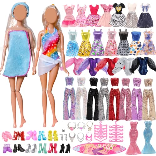 Xerteam 35 Stück Puppenkleid und Zubehör, für 11,5 Zoll/30 cm große Puppen, 3 Badeanzüge 7 Kleider 1 Hosenanzug mit Pailletten 6 Schmuckstücke 7 High Heels 1 Surfbrett 10 Kleiderbügel zufälliger Stil von Xerteam