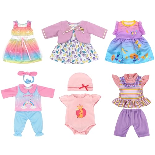 Xerteam 6 Set Babypuppenkleidung für 14-18 Zoll Babypuppen, Süße Puppenkleidungs Outfits, Neue 35-45cm Baby Puppen Puppenkleidung Outfits, Garnrock+Mantel+Kleid+Overall+Farbverlaufsoberteil+Hose von Xerteam