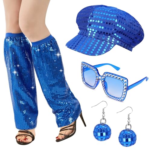 Xerteam 6 Stück 70er Jahre Disco Zubehör, 70er Jahre Fasching Frauen Zubehör, Paillettenhut, Rahmen, Bling Sonnenbrille Ohrringe, Beinstulpen, Disco-Kostüm-Set für Damen, Retro 70 Themenparty, von Xerteam