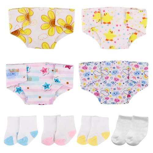 Xerteam 8-teiliges Babypuppenzubehör-Set, 4 Puppenwindeln & 4 Socken für 35-45 cm Puppe, wiederverwendbare Babypuppenwindeln 35-45 cm, Puppenzubehör für Mädchen Jungen Geburtstag von Xerteam