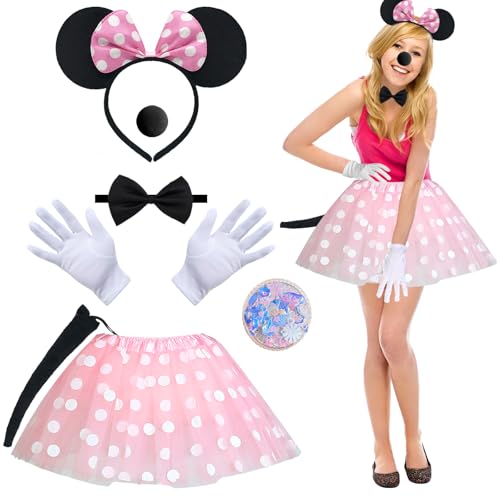 Xerteam Mini Mouse Kostüme Damen=Tutu+Minimaus Ohren Stirnband+Fliege+Handschuhe+Nase+Bunte Make-up-Aufklebe+Schwanz, Rosa Maus Kostüm für Erwachsene Kinder, Faschingskostüme Damen für Party Maskerade von Xerteam