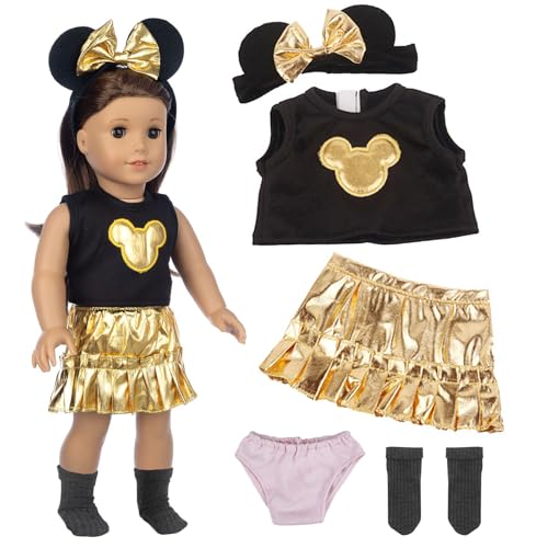 Xerteam Glänzende 5 Teilig Puppenkleidung für 35-43 cm Babypuppen mit süßem Muster, Golden Puppenkleider und Puppenzubehör—Schleife Stirnband Oberteil Rock Unterwäsche Socken, Geschenk für Mädchen von Xerteam