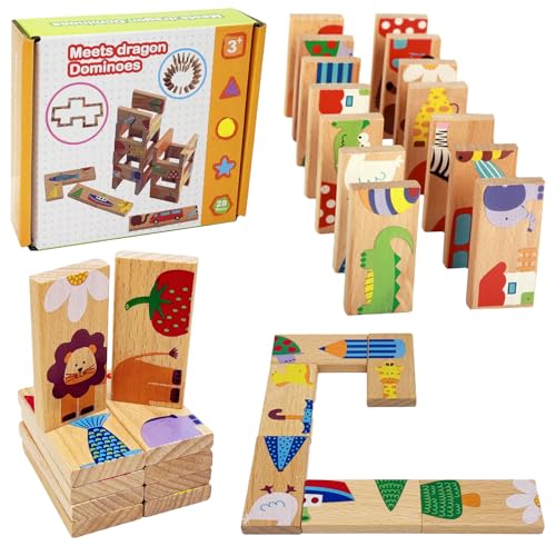 Xerteam Kinder-Dominosteine aus Holz, 28 Stück Dominosteine für Kinder mit Cartoon-Farm-Muster, Domino-Set mit niedlichen Tiermustern, harmlose Farbe, Kinder-Dominospiel (ab 2 Jahren) von Xerteam