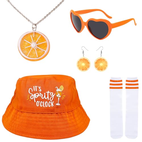 Apero Spritz Kostüm Damen Outfit, Aperol Socken, Bestickte Aperol Fischerhüte, Retro Brillen in Herzform, Orange Halskette, Ohrringe, Geschenk für Aperol-Liebhaber Orange Party Cosplay Kostüm Zubehör Apero Spritz Kostüm Damen Outfit, Aperol Socken, Bestickte Aperol Fischerhüte, Retro Brillen in Herzform, Orange Halskette, Ohrringe, Geschenk für Aperol-Liebhaber Orange Party Cosplay Kostüm Zubehör von Xerteam