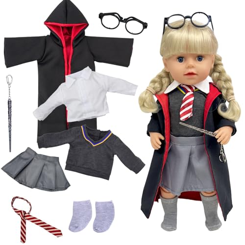 Babypuppenkleidung für 16-18 Zoll Baby Puppen, 8 Stück Puppen Kleidung Zauberschuluniform mit Umhang Pullover Weißem Hemd Krawatte Faltenrock Zauberstab Socken Brille, 35-45cm Neue Babypuppenkleidung von Xerteam