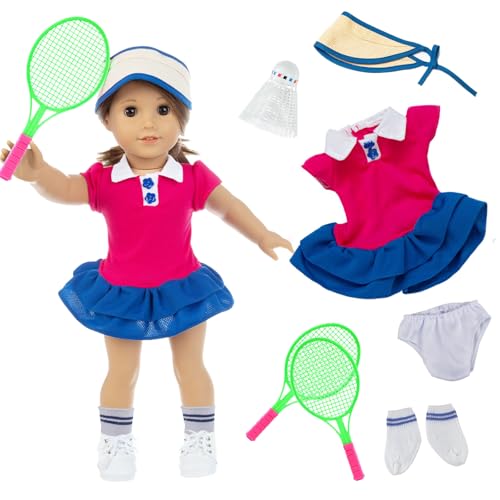 Xerteam Sport Puppenkleidung für 36-43cm Puppen, 7 Teilig Neu Kleidung Puppe Zubehör, 1 Sport Kleider 2 Schläger 1 Badminton 1 Sonnenhut 1 Unterwäsche 1 Paar Socken, Puppengewand Geschenk für Kinder von Xerteam