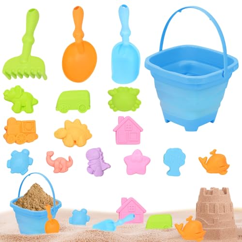 16 Stück Sandspielzeug Set, Sandspielzeug Faltbar Mit Eimer Sandförmchen Sandschaufel Kinder Sandspielzeug Tasche, Ungiftig Und BPA-frei Spielstabil Sandspielzeug Für Kinder Jungen Mädchen von Xevinas