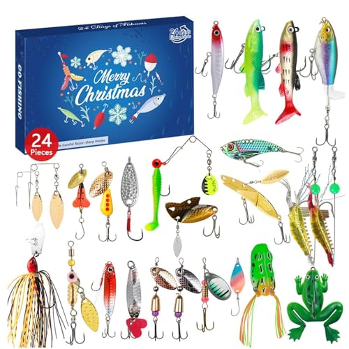 Angel Adventskalender 2024, 24 Köder Set Adventskalender Angeln, Weihnachtskalender Männer, Angler Adventskalender Männer 24 Tage Countdown Weihnachten Geschenk Für Fischer Erwachsene Teenager (F) von Xevinas