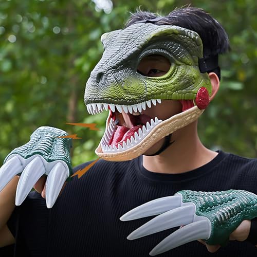 Dino Mask | Dino Mask Moving Jaw Mit Sound | Dino Party Dino Kostüm,Einstellbare Größe 3D Dinosaurier Maske Mit Sound und 2 Claws,Gesichtsmaske Kinder,Halloween Masken (Grün) von Xevinas