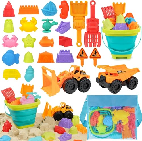 Sandspielzeug Set, Strandspielzeug Mit Faltbarer Eimer Bagger Spielzeug Sandspielzeug Tasche, Spielstabil Sandspielzeug Sandförmchen Reise Sand Spielzeug Für Kinder Jungen Mädchen (B) von Xevinas