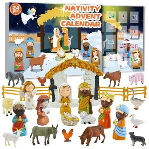 Xevinas Adventskalender 2024 Krippenfiguren Set, 24 Tage Nativity Scene Weihnachtskalender 2024, Krippe Weihnachten Aus Hochwertigen Harz, Weihnachtskrippe Sicherer Und Langlebiger (A) von Xevinas