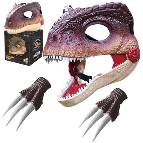 Xevinas Dino Maske Mit Sound Beweglichen Kiefer | Dinosaurier-Maske Einstellbare Größe Und 2 Claws | Halloween Maske Für Kinder Und Erwachsene,Dino Kostüm Für Dino Party,Cosplay (braun Set) von Xevinas