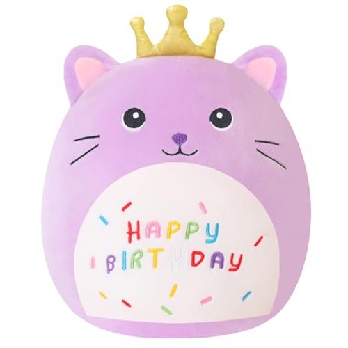 Xfrog Happy Birthday Plüschtier, 25CM Violett Kuscheltier Katze mit Goldkrone, Cartoon Plüschkissen, Geburtstag Geschenk für Kinder Jungen Mädchen von Xfrog