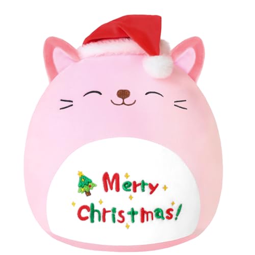 Xfrog Weihnachten Plüschtier 10" Katze Plüschkissen mit Weihnachtsmütze Kawaii Xmas Plüschtiere Kinder Mädchen Jungen Rosa 25CM von Xfrog