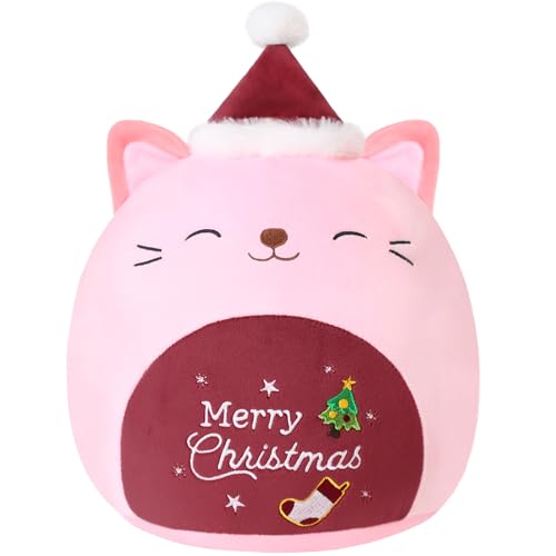 Xfrog Weihnachten Plüschtier 10" Katze Plüschkissen mit Weihnachtsmütze Kawaii Xmas Plüschtiere Kinder Mädchen Jungen Rot 25CM von Xfrog