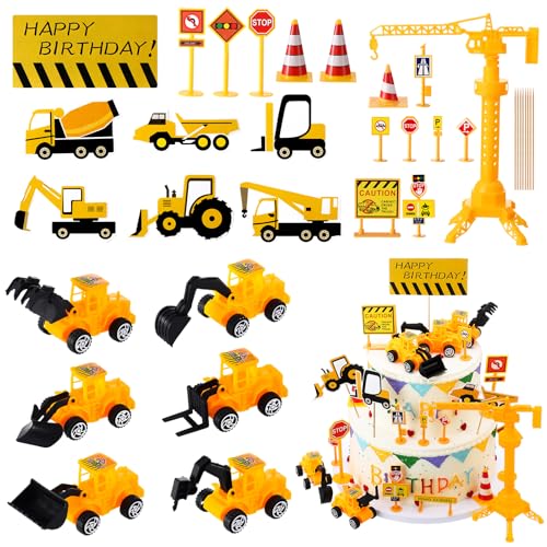 Xialvyu 28 Stück Kuchen Deko Baustelle, Bagger Kuchen Deko, Baufahrzeug Cupcake Topper, Beschilderung Baustelle Spielzeug Kuchen Deko Junge von Xialvyu