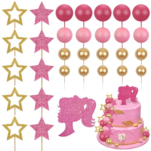 Xialvyu 31 Stück rosa Mädchen Kuchen Topper, Ball Kuchen Dekorationen Happy Birthday Cupcake Topper für Hochzeit Baby Shower Jahrestag Geburtstag Party Supplies von Xialvyu