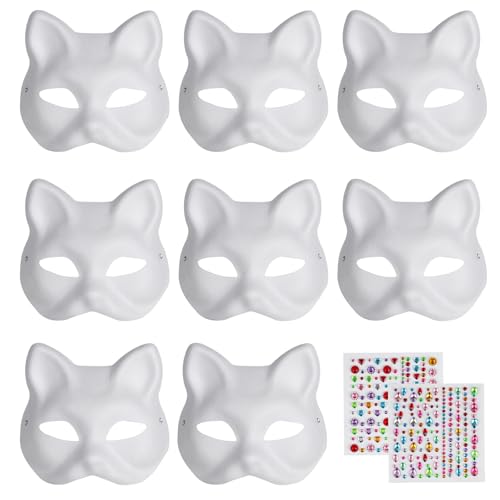 8 STK Katzenmasken zum Bemalen, Weißes DIY Fuchs Masken zum Anmalen, Leere Cat Mask, DIY Blank Papier Maske für Halloween Rollenspiele Partys Tänze Karneval Maskenball Maske mit 2 Diamantaufkleber von XiangJunly