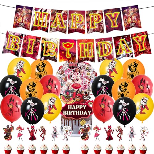 31 PCS Hazbin Hotel Geburtstag Dekoration Anime Alastor/Angel Dust Kuchen Dekoration Zubehör Kit Plus 56PCS Aufkleber Kuchen Dekoration Anime Party Supplies Banner Ballon Dekoration von Xianyuee