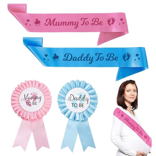 Xietaea Baby Shower Babyparty Deko - 4 Stück Mommy to Be und Daddy to Be Schärpe und Abzeichen, Babydusche Gender Reveal Party für Junge Mädchen, Baby Willkommensparty Dekoration Rosa Blau von Xietaea