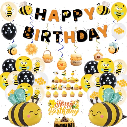 Bienen Deko Geburtstag Luftballons für Kinder - Biene Party Dekoration Happy Birthday Girland Bee Ballons und Tortendeko, Blumen Folienballon für Mädchen Junge Kindergeburtstag Baby Shower von Xietaea