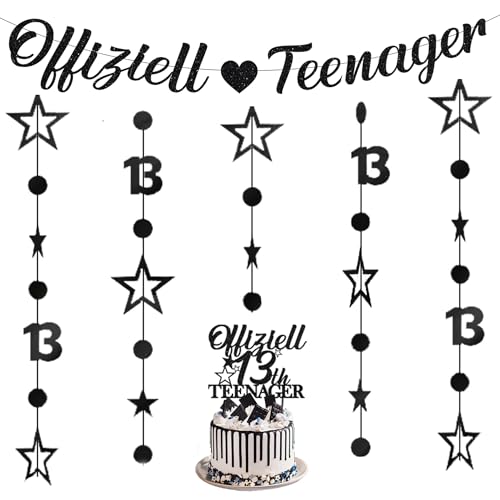 Deko 13. Geburtstag Mädchen Junge - Offizielle Teenager 13. Geburtstagsdeko Banner, Glitzer Tortendeko 13 Years Old Birthday Twinkle Star Girlande Hanging Streamer (Schwarz) von Xietaea