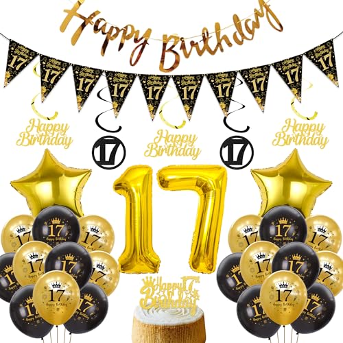 Xietaea Deko 17 Geburtstag Jungen Mädchen - Schwarz Gold Luftballons Happy Birthday Girlande Tortendeko, XXL Zahlenballon Hängende Spiralen und Wimpel für 17 Jahre Geburtstagsdeko Xietaea Deko 17 Geburtstag Jungen Mädchen - Schwarz Gold Luftballons Happy Birthday Girlande Tortendeko, XXL Zahlenballon Hängende Spiralen und Wimpel für 17 Jahre Geburtstagsdeko von Xietaea