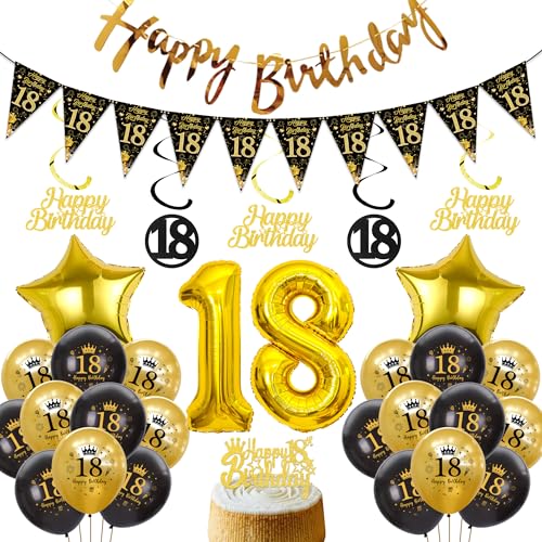 Xietaea Deko 18 Geburtstag Jungen Mädchen - Schwarz Gold Luftballons Happy Birthday Girlande Tortendeko, XXL Zahlenballon Hängende Spiralen und Wimpel für 18 Jahre Geburtstagsdeko Xietaea Deko 18 Geburtstag Jungen Mädchen - Schwarz Gold Luftballons Happy Birthday Girlande Tortendeko, XXL Zahlenballon Hängende Spiralen und Wimpel für 18 Jahre Geburtstagsdeko von Xietaea