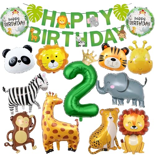 Deko 2. Geburtstag Junge Mädchen - 29 Stück Dschungel Geburtstagsdeko 2 Jahr, Wilde Tiere Geburtstag Deko mit Happy Birthday Banner und Zebra Giraffe Tier luftballon, Waldtiere Deko Kindergeburtstag von Xietaea