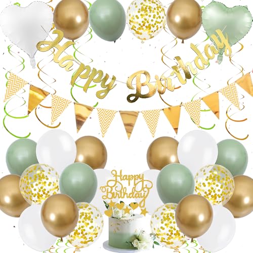 Deko Geburtstag Mann Grün Gold - Happy Birthday Girlande Tortendeko Luftballons und Hängende Wirbel, Glitzer Geburtstagsdeko Banner Herz Folienballon Cupcake Toppers für Männer von Xietaea