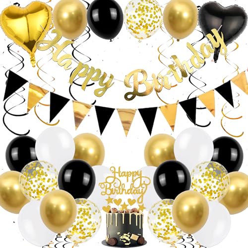 Deko Geburtstag Mann Schwarz Gold - Happy Birthday Girlande Tortendeko Luftballons und Hängende Wirbel, Glitzer Geburtstagsdeko Banner Herz Folienballon Cupcake Toppers für Männer von Xietaea