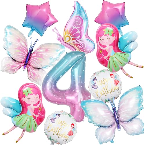 Feen Geburtstag Deko Luftballons Mädchen - Rosa Geburtstagsdeko 4 Jahre, 10 Stück Fee Folienballons Schmetterlings und Stern Helium Ballons, Feenparty Dekoration Kindergeburtstag von Xietaea