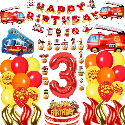 Feuerwehr Deko Kindergeburtstag 3 Jahre - 70 Stück Feuerwehr Deko Geburtstag mit Feuerwehrauto Luftballons Happy Birthday Banner Kuchen Toppers Tortendeko, Feuerwehrmann Party Dekoration Jungen von Xietaea