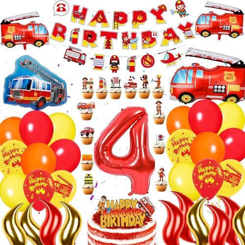 Feuerwehr Geburtstag Deko 4 Jahre - 70 Stück Feuerwehr Deko Kindergeburtstag mit Feuerwehrauto Luftballons Happy Birthday Banner Kuchen Toppers Tortendeko, Feuerwehrmann Party Dekoration Jungen von Xietaea