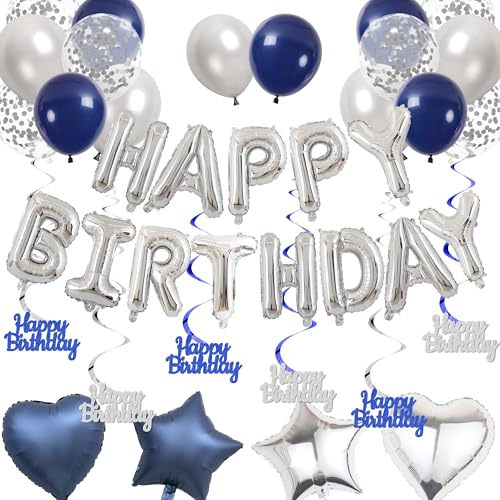 Geburtstag Deko Luftballons Blau Silber - Geburtstagsdeko mit Happy Birthday Ballon Stern Herz Folienballon und Hängende Wirbel, Geburtstags Party Dekorationen für Frauen Mann von Xietaea