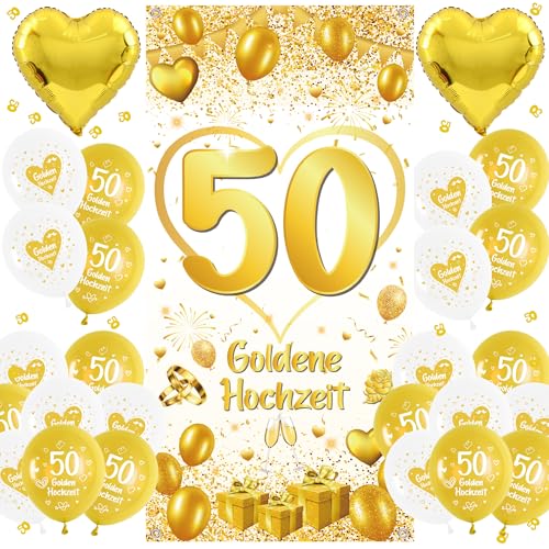 Goldene Hochzeit Deko Banner - 50 Hochzeitstag Goldene Hochzeit Dekoration Inklusive große 50 Goldene Hochzeit Hintergrund Banner, Goldene und Weiße Luftballons, Innen Draußen Deko 50 Goldene Hochzeit von Xietaea