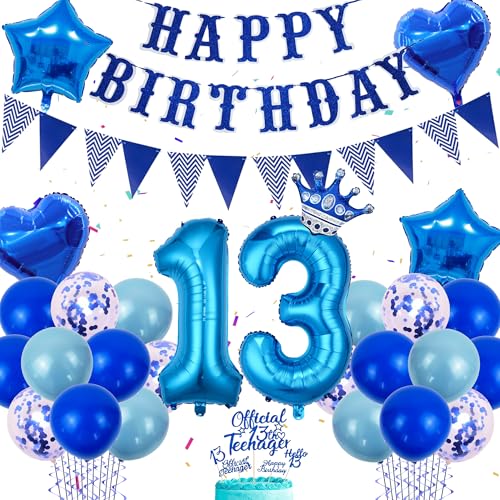 Official Teenager 13 Geburtstag Jungen - Blau Luftballons 13 Geburtstag, Offiziell Teenager Geburtstagdeko 13 Jahre, Happy Birthday Girlande Wimpelkette Tortendeko Konfetti Ballons Herzballons Set von Xietaea