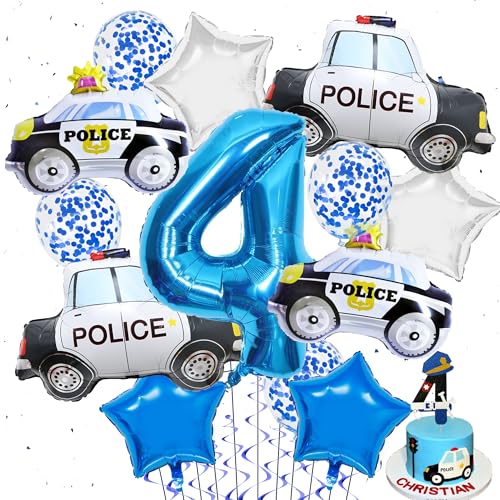 Polizei Geburtstag Deko 4 Jahre - 16 Stück Polizei Luftballon XXL Polizeiauto Folienballon Konfetti Ballon Sternballon und Tortendeko, Polizei Party Dekoration Kindergeburtstag für Jungen Mädchen von Xietaea