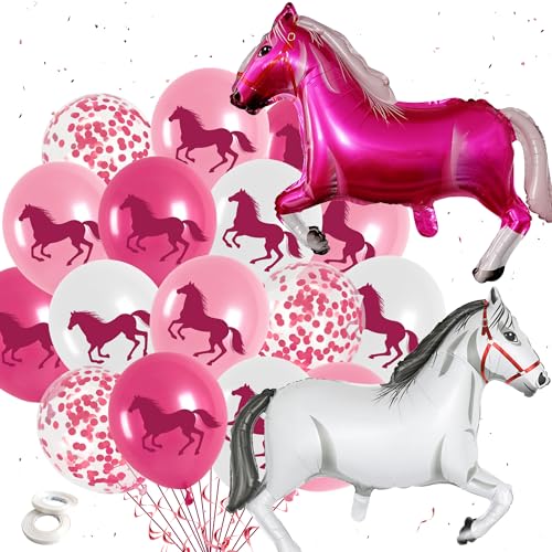 Pferde Deko Geburtstag Luftballon Mädchen - 55 Stück Rosa Pferde Förmige Folienballons Latexballons und Konfetti Ballons, Cowgirl Geburtstagsdeko, Pferde Party Deko Kindergeburtstag Babyparty von Xietaea