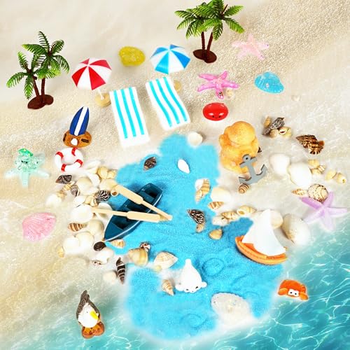 Strand Mikrolandschaft Miniatur Deko - 29 Stück Mini Strand und Meer Zubehör Set mit Strandkorb Liegestuhl Sonnenschirm Kleine Palmen Blauer Sand, Sommer Garten Puppenhaus DIY Ornament Geschenk von Xietaea