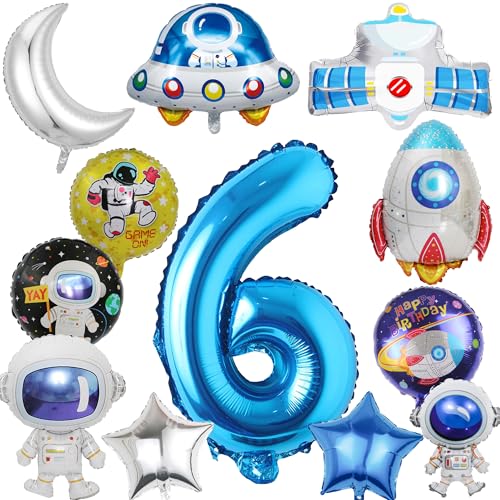 Weltraum Kindergeburtstag Deko Luftballons 6 Jahre - 12 Stück Geburtstag Party Ballons Kit mit Astronaut Rakete UFO Folienballons, Blau Geburtstags Dekoration für Junge Mädchen von Xietaea