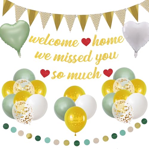 Willkommen Zuhause Deko Grün Gold - Welcome Home Dekoration mit Bunt Luftballons Wimpeln und We Missed You Girlande, Herzlich Willkommen Dekor für Familie Partei Babyparty von Xietaea