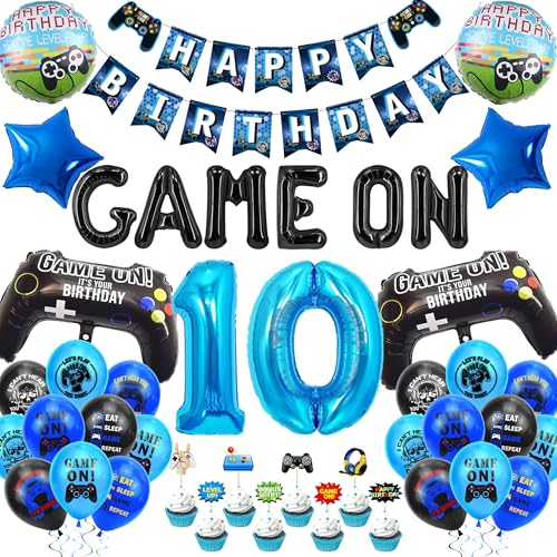 Xietaea Deko 10 Geburtstag Junge - Videospiel Geburtstagsdeko 10 Jahre, Blau Gamer Geburtstag Deko Mit Happy Birthday Girlande Banner Gamecontroller Luftballons Tortendeko, Gaming Thema Party Zubehör von Xietaea