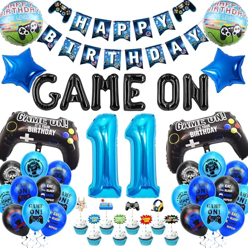 Xietaea Deko 11 Geburtstag Junge - Videospiel Geburtstagsdeko 11 Jahre, Blau Gamer Deko Geburtstag mit Happy Birthday Girlande Banner, Gamecontroller Luftballons, Tortendeko, Gaming Thema Party Zubehö von Xietaea