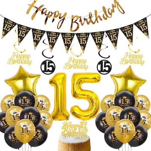 Xietaea Deko 15 Geburtstag Jungen Mädchen - Schwarz Gold Luftballons Happy Birthday Girlande Tortendeko, XXL Zahlenballon Hängende Spiralen und Wimpel für 15 Jahre Geburtstagsdeko Xietaea Deko 15 Geburtstag Jungen Mädchen - Schwarz Gold Luftballons Happy Birthday Girlande Tortendeko, XXL Zahlenballon Hängende Spiralen und Wimpel für 15 Jahre Geburtstagsdeko von Xietaea